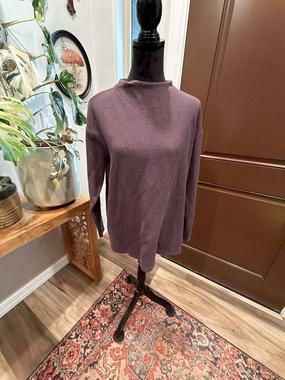 Lands' End Waffle Knit Mock Neck Top Size M/P 10-12 Purple Textured Pullover